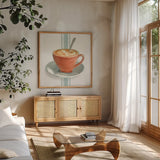 Wake Me Up Coffee III With Stripes No Cookie by Danhui Nai. Shown in a natural wood frame in a cozy modern living room. Available as an archival giclee rolled canvas, fine art paper, or poster print. SKU 61304a.