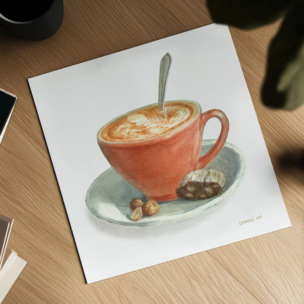 Wake Me Up Coffee III on White by Danhui Nai. Shown as a detailed flat fine art print, highlighting archival giclee quality. Available as an archival giclee rolled canvas, fine art paper, or poster print. SKU 58853a.