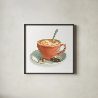 Wake Me Up Coffee III on White by Danhui Nai. Shown in a sleek black glass frame for a contemporary gallery look. Available as an archival giclee rolled canvas, fine art paper, or poster print. SKU 58853a.