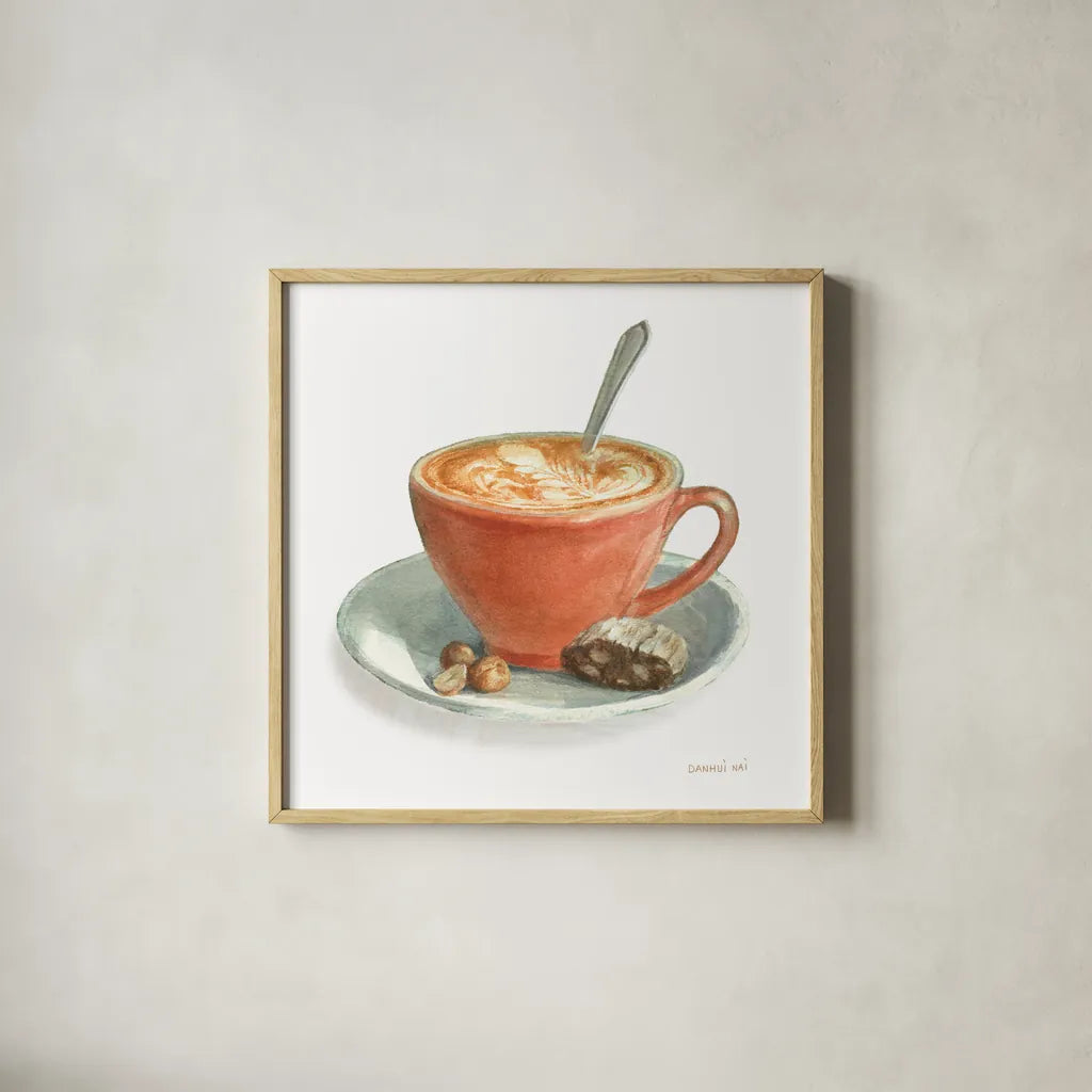 Wake Me Up Coffee III on White by Danhui Nai. Shown in a natural wood glass frame for a timeless modern aesthetic. Available as an archival giclee rolled canvas, fine art paper, or poster print. SKU 58853a.