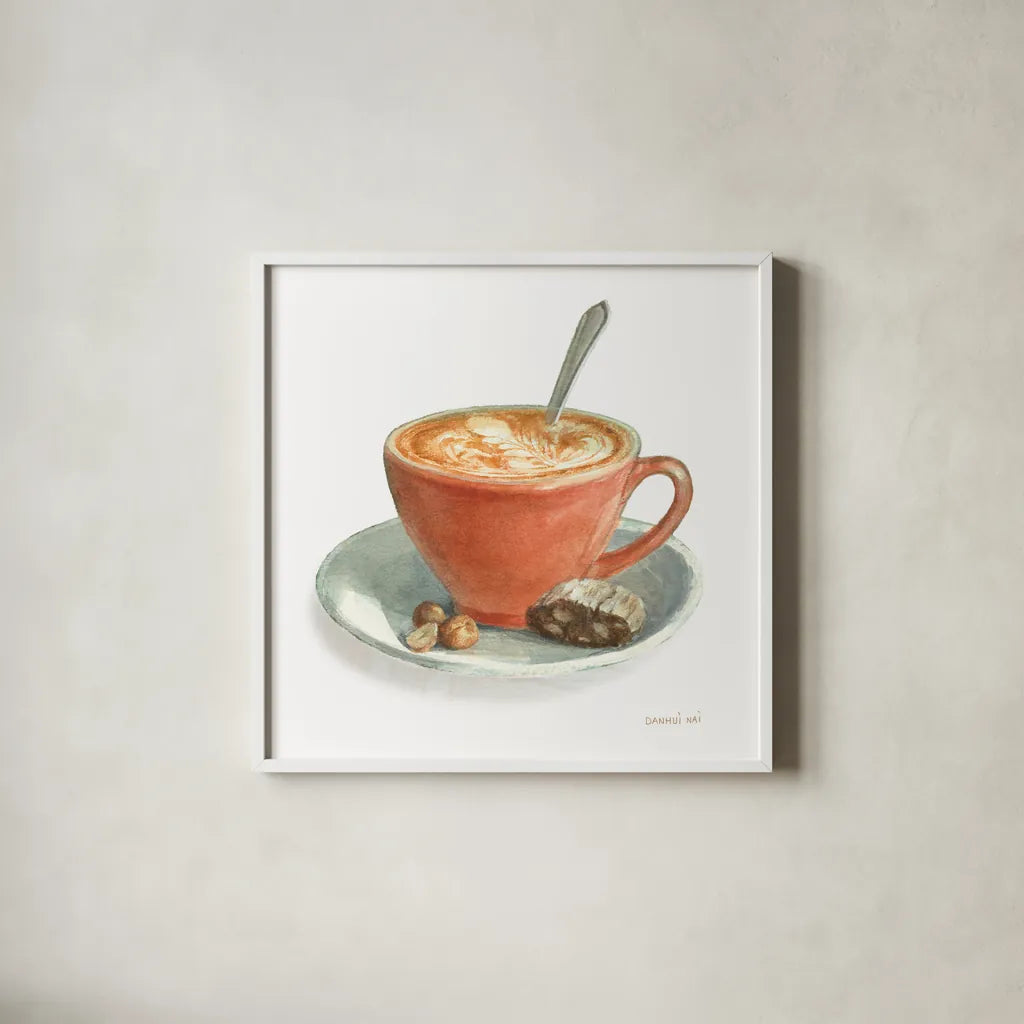 Wake Me Up Coffee III on White by Danhui Nai. Shown in a crisp white glass frame for a clean and minimalist style. Available as an archival giclee rolled canvas, fine art paper, or poster print. SKU 58853a.