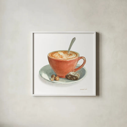 Wake Me Up Coffee III on White by Danhui Nai. Shown in a crisp white glass frame for a clean and minimalist style. Available as an archival giclee rolled canvas, fine art paper, or poster print. SKU 58853a.