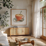 Wake Me Up Coffee III on White by Danhui Nai. Shown in a natural wood frame in a cozy modern living room. Available as an archival giclee rolled canvas, fine art paper, or poster print. SKU 58853a.