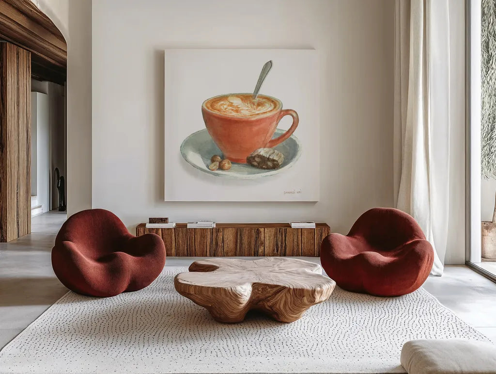 Wake Me Up Coffee III on White by Danhui Nai. Shown as extra-large giant wall art in a modern living room. Available as an archival giclee rolled canvas, fine art paper, or poster print. SKU 58853a.