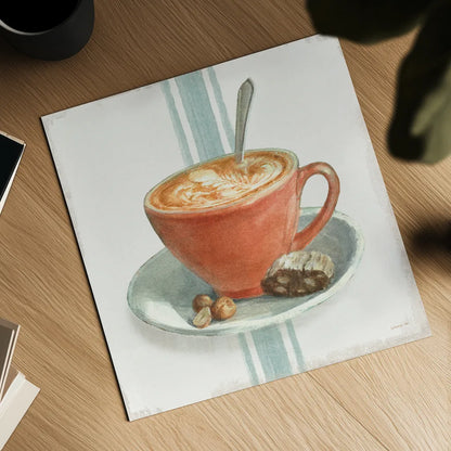 Wake Me Up Coffee III with Stripes by Danhui Nai. Shown as a detailed flat fine art print, highlighting archival giclee quality. Available as an archival giclee rolled canvas, fine art paper, or poster print. SKU 58857a.