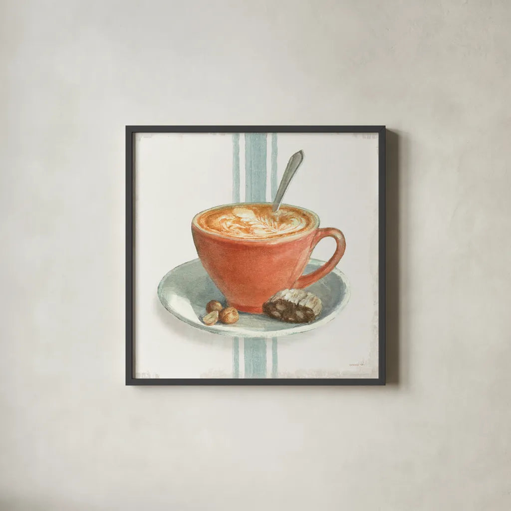 Wake Me Up Coffee III with Stripes by Danhui Nai. Shown in a sleek black glass frame for a contemporary gallery look. Available as an archival giclee rolled canvas, fine art paper, or poster print. SKU 58857a.