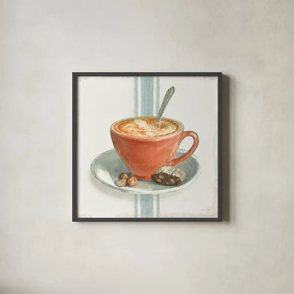 Wake Me Up Coffee III with Stripes by Danhui Nai. Shown in a sleek black glass frame for a contemporary gallery look. Available as an archival giclee rolled canvas, fine art paper, or poster print. SKU 58857a.