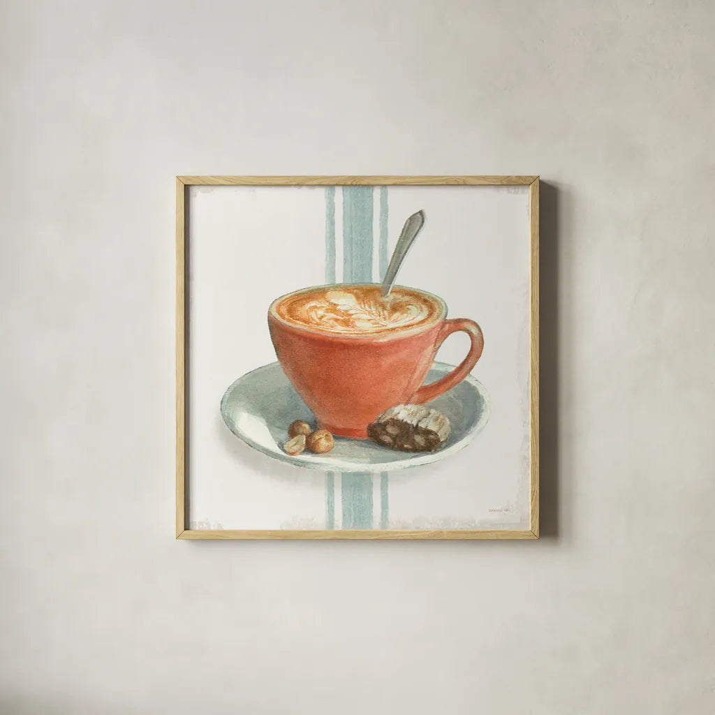 Wake Me Up Coffee III with Stripes by Danhui Nai. Shown in a natural wood glass frame for a timeless modern aesthetic. Available as an archival giclee rolled canvas, fine art paper, or poster print. SKU 58857a.