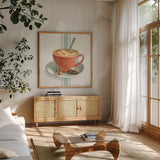 Wake Me Up Coffee III with Stripes by Danhui Nai. Shown in a natural wood frame in a cozy modern living room. Available as an archival giclee rolled canvas, fine art paper, or poster print. SKU 58857a.