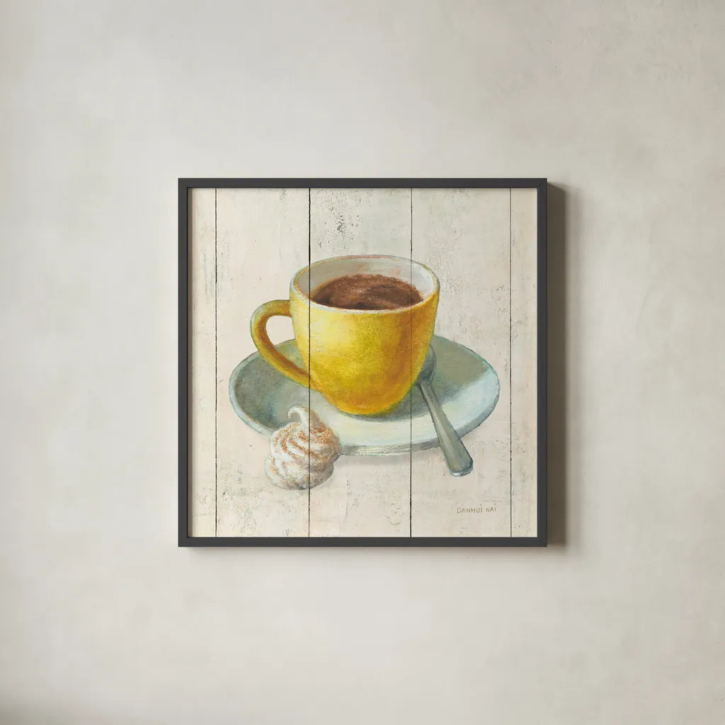 Wake Me Up Coffee IV by Danhui Nai. Shown in a sleek black glass frame for a contemporary gallery look. Available as an archival giclee rolled canvas, fine art paper, or poster print. SKU 58850a.