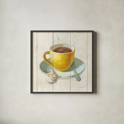 Wake Me Up Coffee IV by Danhui Nai. Shown in a sleek black glass frame for a contemporary gallery look. Available as an archival giclee rolled canvas, fine art paper, or poster print. SKU 58850a.