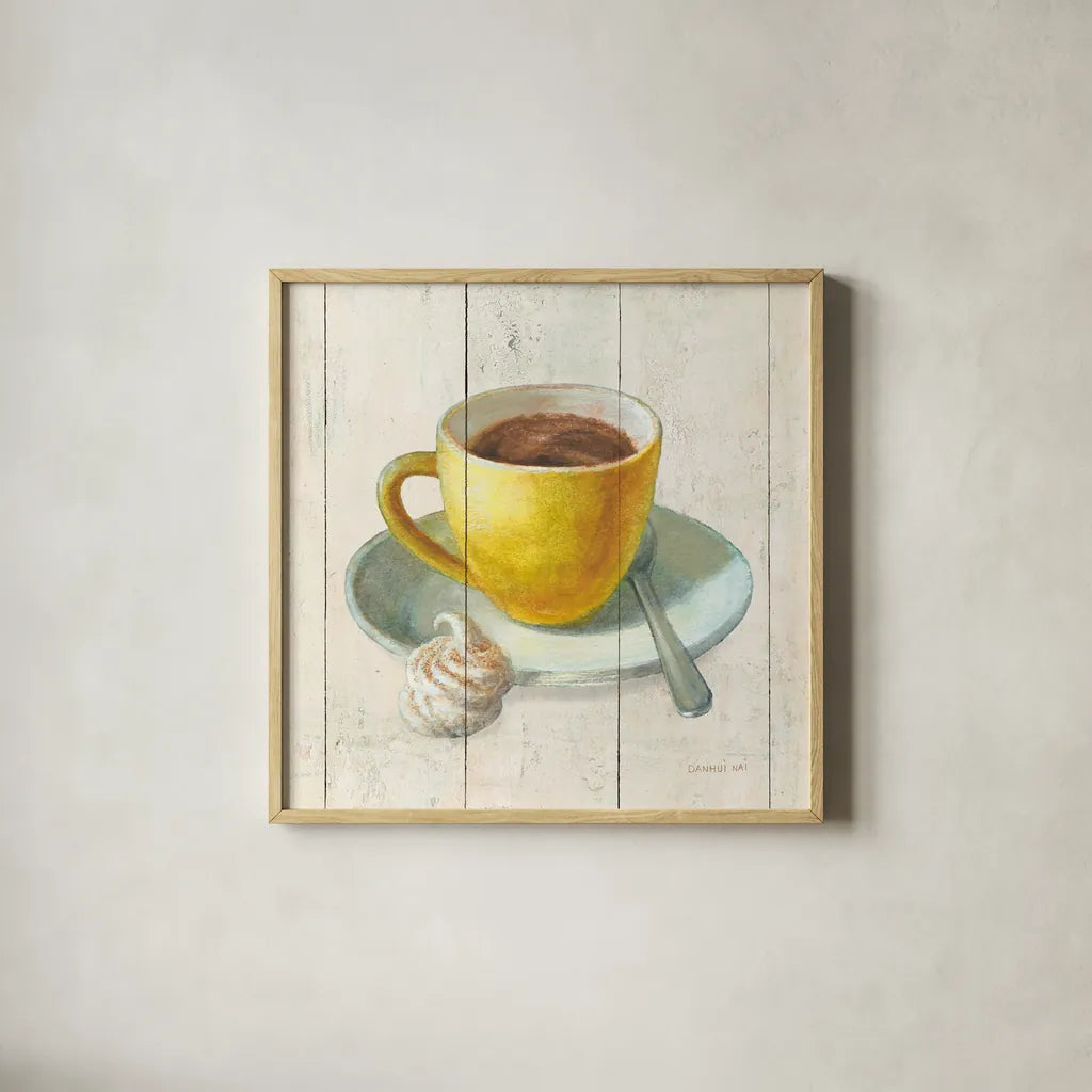 Wake Me Up Coffee IV by Danhui Nai. Shown in a natural wood glass frame for a timeless modern aesthetic. Available as an archival giclee rolled canvas, fine art paper, or poster print. SKU 58850a.
