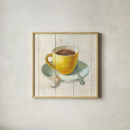 Wake Me Up Coffee IV by Danhui Nai. Shown in a natural wood glass frame for a timeless modern aesthetic. Available as an archival giclee rolled canvas, fine art paper, or poster print. SKU 58850a.