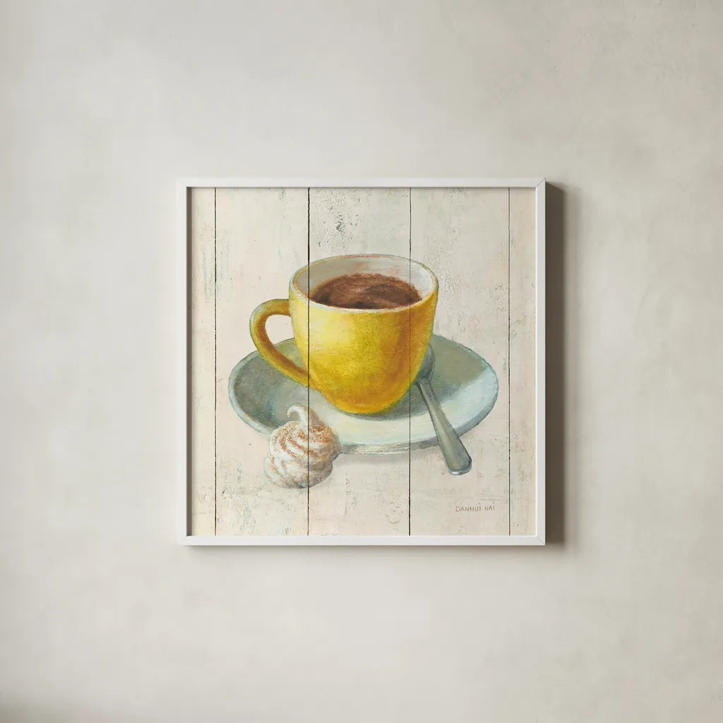 Wake Me Up Coffee IV by Danhui Nai. Shown in a crisp white glass frame for a clean and minimalist style. Available as an archival giclee rolled canvas, fine art paper, or poster print. SKU 58850a.