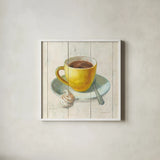 Wake Me Up Coffee IV by Danhui Nai. Shown in a crisp white glass frame for a clean and minimalist style. Available as an archival giclee rolled canvas, fine art paper, or poster print. SKU 58850a.
