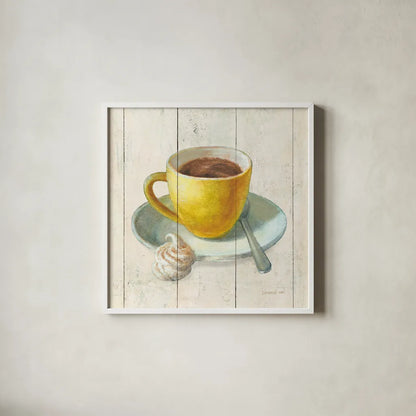 Wake Me Up Coffee IV by Danhui Nai. Shown in a crisp white glass frame for a clean and minimalist style. Available as an archival giclee rolled canvas, fine art paper, or poster print. SKU 58850a.