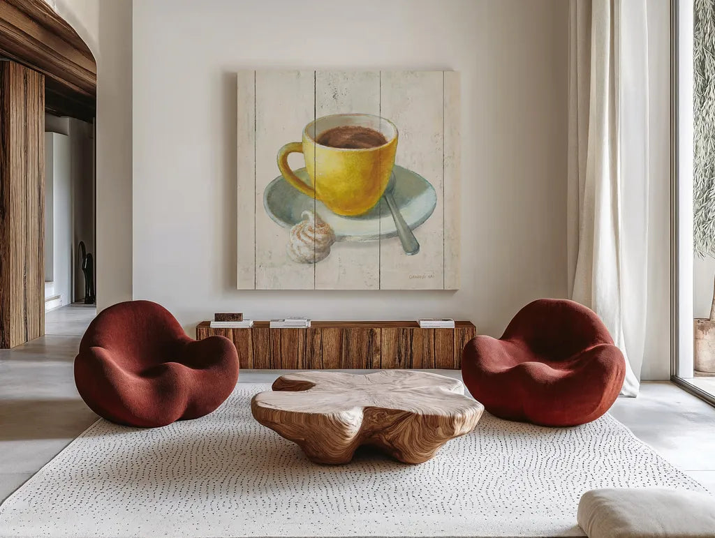 Wake Me Up Coffee IV by Danhui Nai. Shown as extra-large giant wall art in a modern living room. Available as an archival giclee rolled canvas, fine art paper, or poster print. SKU 58850a.