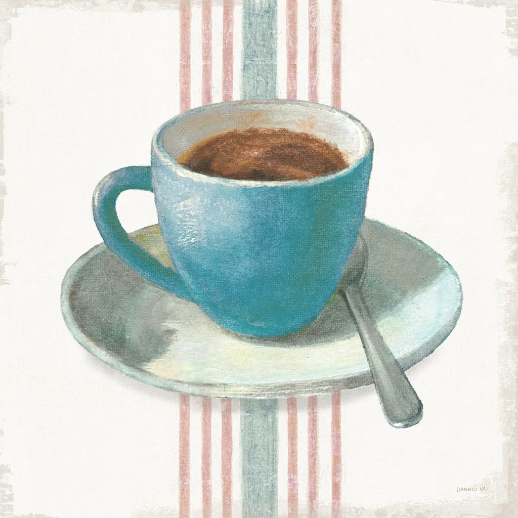 Wake Me Up Coffee IV Blue with Stripes No Cookie by Danhui Nai. SKU 61305a. Archival Giclee Fine art print for wall decor.