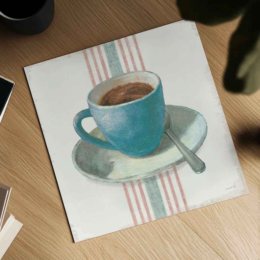 Wake Me Up Coffee IV Blue with Stripes No Cookie by Danhui Nai. Shown as a detailed flat fine art print, highlighting archival giclee quality. Available as an archival giclee rolled canvas, fine art paper, or poster print. SKU 61305a.