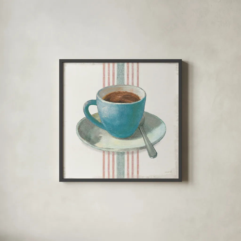 Wake Me Up Coffee IV Blue with Stripes No Cookie by Danhui Nai. Shown in a sleek black glass frame for a contemporary gallery look. Available as an archival giclee rolled canvas, fine art paper, or poster print. SKU 61305a.