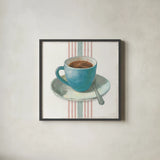 Wake Me Up Coffee IV Blue with Stripes No Cookie by Danhui Nai. Shown in a sleek black glass frame for a contemporary gallery look. Available as an archival giclee rolled canvas, fine art paper, or poster print. SKU 61305a.