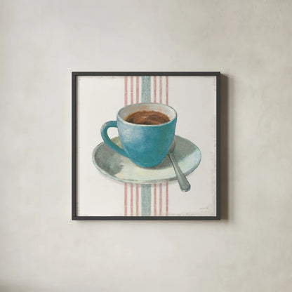 Wake Me Up Coffee IV Blue with Stripes No Cookie by Danhui Nai. Shown in a sleek black glass frame for a contemporary gallery look. Available as an archival giclee rolled canvas, fine art paper, or poster print. SKU 61305a.