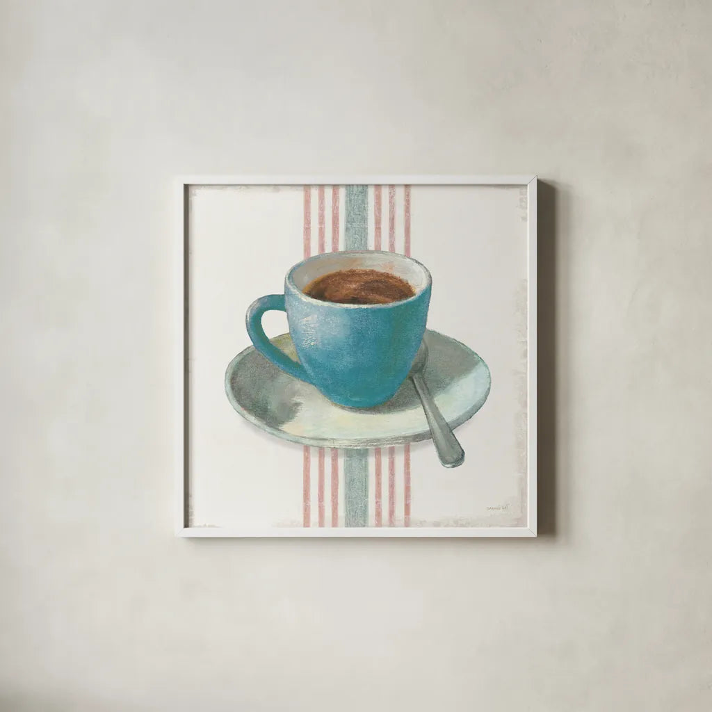 Wake Me Up Coffee IV Blue with Stripes No Cookie by Danhui Nai. Shown in a crisp white glass frame for a clean and minimalist style. Available as an archival giclee rolled canvas, fine art paper, or poster print. SKU 61305a.