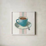 Wake Me Up Coffee IV Blue with Stripes No Cookie by Danhui Nai. Shown in a crisp white glass frame for a clean and minimalist style. Available as an archival giclee rolled canvas, fine art paper, or poster print. SKU 61305a.