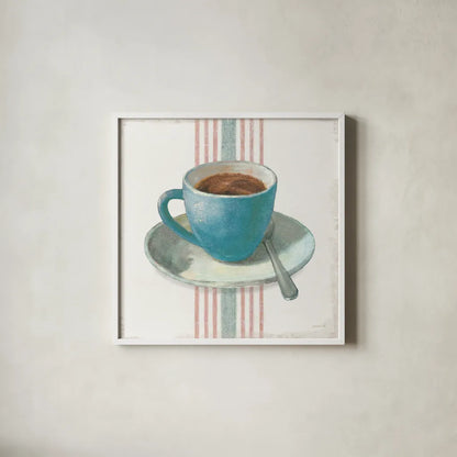Wake Me Up Coffee IV Blue with Stripes No Cookie by Danhui Nai. Shown in a crisp white glass frame for a clean and minimalist style. Available as an archival giclee rolled canvas, fine art paper, or poster print. SKU 61305a.