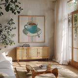 Wake Me Up Coffee IV Blue with Stripes No Cookie by Danhui Nai. Shown in a natural wood frame in a cozy modern living room. Available as an archival giclee rolled canvas, fine art paper, or poster print. SKU 61305a.