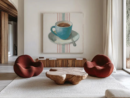 Wake Me Up Coffee IV Blue with Stripes No Cookie by Danhui Nai. Shown as extra-large giant wall art in a modern living room. Available as an archival giclee rolled canvas, fine art paper, or poster print. SKU 61305a.