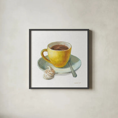 Wake Me Up Coffee IV Linen by Danhui Nai. Shown in a sleek black glass frame for a contemporary gallery look. Available as an archival giclee rolled canvas, fine art paper, or poster print. SKU 61326a.