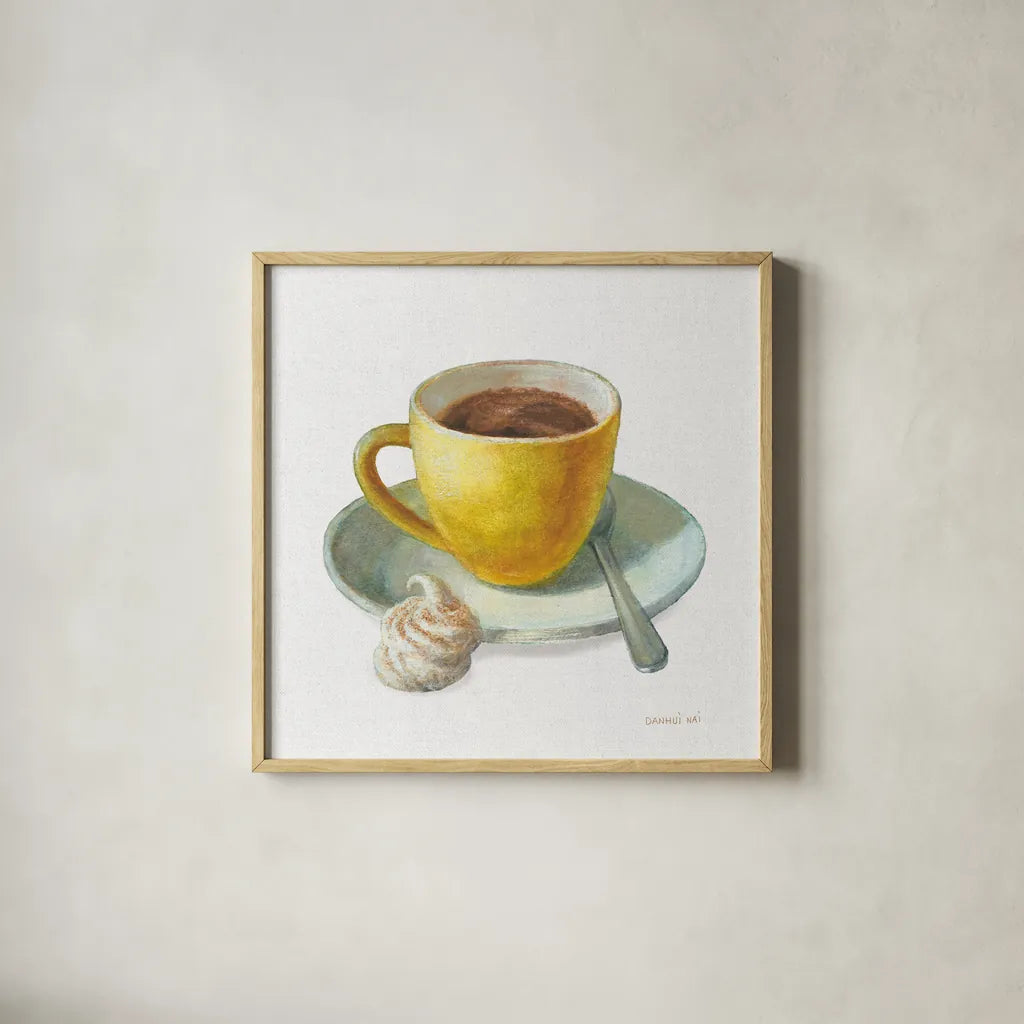 Wake Me Up Coffee IV Linen by Danhui Nai. Shown in a natural wood glass frame for a timeless modern aesthetic. Available as an archival giclee rolled canvas, fine art paper, or poster print. SKU 61326a.
