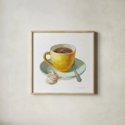Wake Me Up Coffee IV Linen by Danhui Nai. Shown in a natural wood glass frame for a timeless modern aesthetic. Available as an archival giclee rolled canvas, fine art paper, or poster print. SKU 61326a.