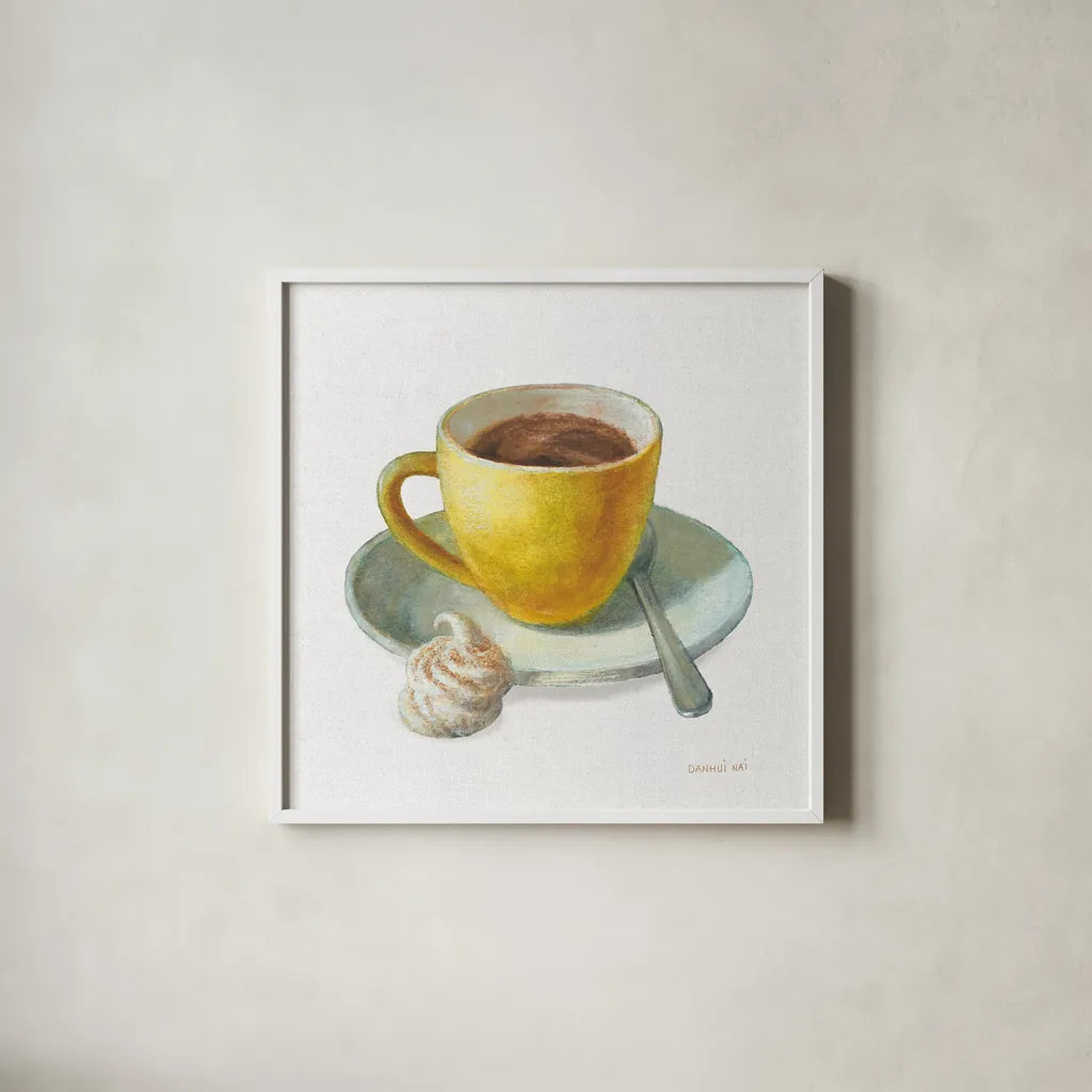 Wake Me Up Coffee IV Linen by Danhui Nai. Shown in a crisp white glass frame for a clean and minimalist style. Available as an archival giclee rolled canvas, fine art paper, or poster print. SKU 61326a.