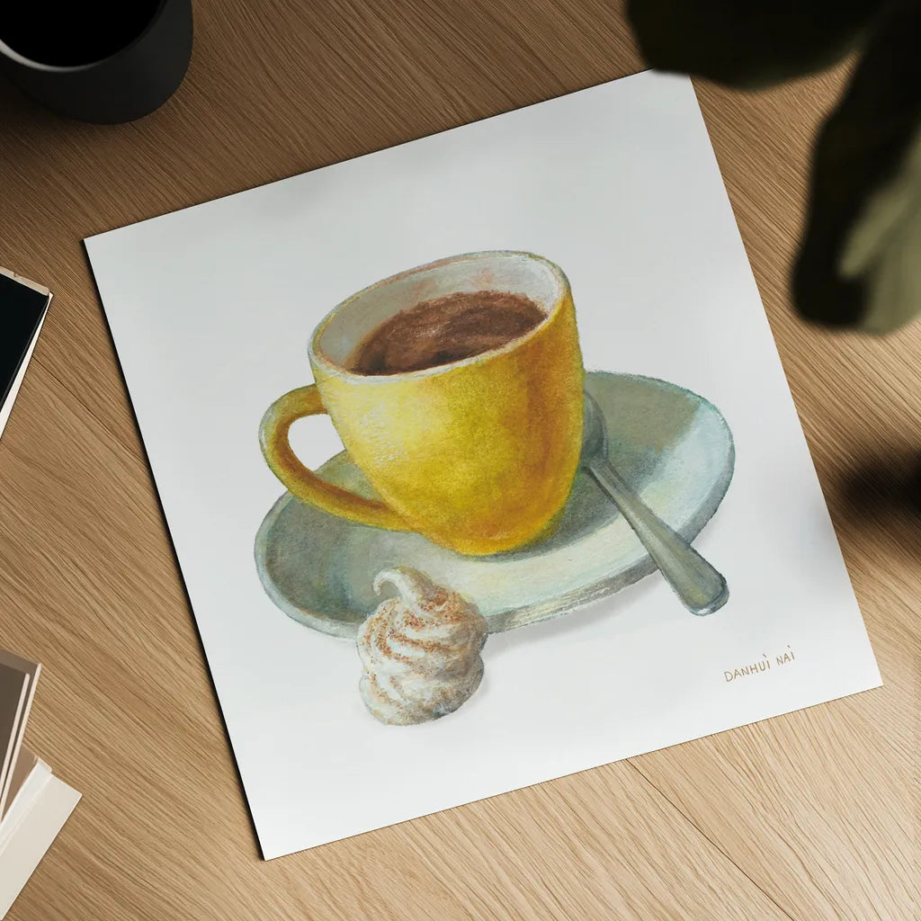 Wake Me Up Coffee IV on White by Danhui Nai. Shown as a detailed flat fine art print, highlighting archival giclee quality. Available as an archival giclee rolled canvas, fine art paper, or poster print. SKU 58854a.