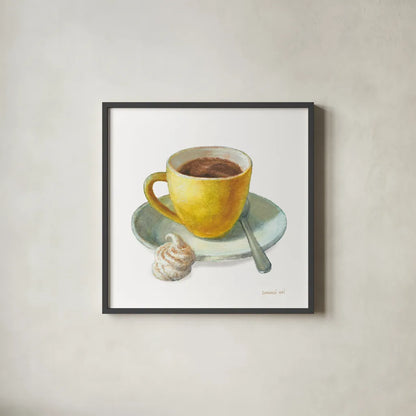 Wake Me Up Coffee IV on White by Danhui Nai. Shown in a sleek black glass frame for a contemporary gallery look. Available as an archival giclee rolled canvas, fine art paper, or poster print. SKU 58854a.