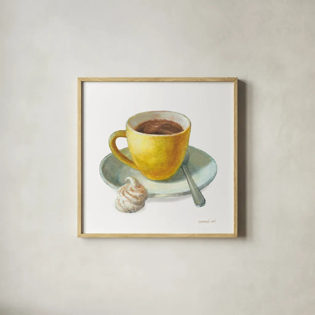 Wake Me Up Coffee IV on White by Danhui Nai. Shown in a natural wood glass frame for a timeless modern aesthetic. Available as an archival giclee rolled canvas, fine art paper, or poster print. SKU 58854a.