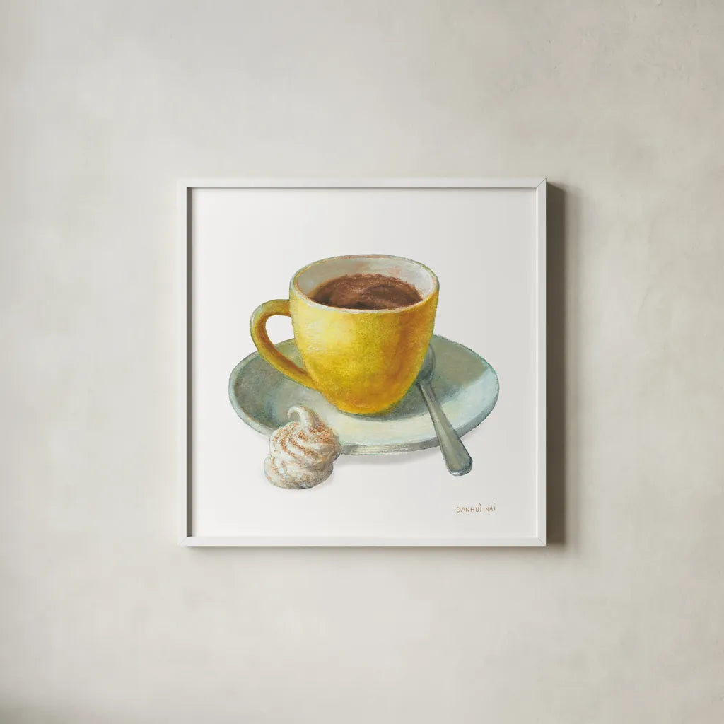 Wake Me Up Coffee IV on White by Danhui Nai. Shown in a crisp white glass frame for a clean and minimalist style. Available as an archival giclee rolled canvas, fine art paper, or poster print. SKU 58854a.