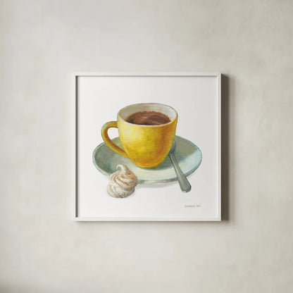 Wake Me Up Coffee IV on White by Danhui Nai. Shown in a crisp white glass frame for a clean and minimalist style. Available as an archival giclee rolled canvas, fine art paper, or poster print. SKU 58854a.