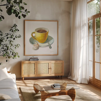 Wake Me Up Coffee IV on White by Danhui Nai. Shown in a natural wood frame in a cozy modern living room. Available as an archival giclee rolled canvas, fine art paper, or poster print. SKU 58854a.