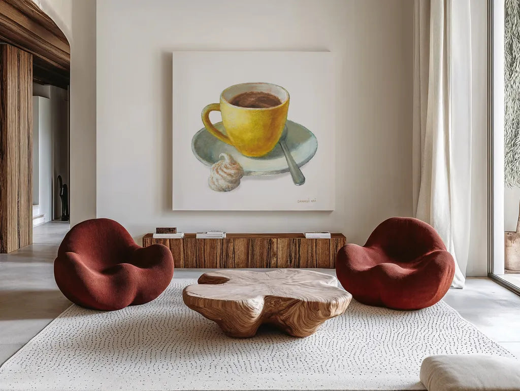 Wake Me Up Coffee IV on White by Danhui Nai. Shown as extra-large giant wall art in a modern living room. Available as an archival giclee rolled canvas, fine art paper, or poster print. SKU 58854a.