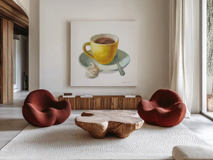 Wake Me Up Coffee IV on White by Danhui Nai. Shown as extra-large giant wall art in a modern living room. Available as an archival giclee rolled canvas, fine art paper, or poster print. SKU 58854a.