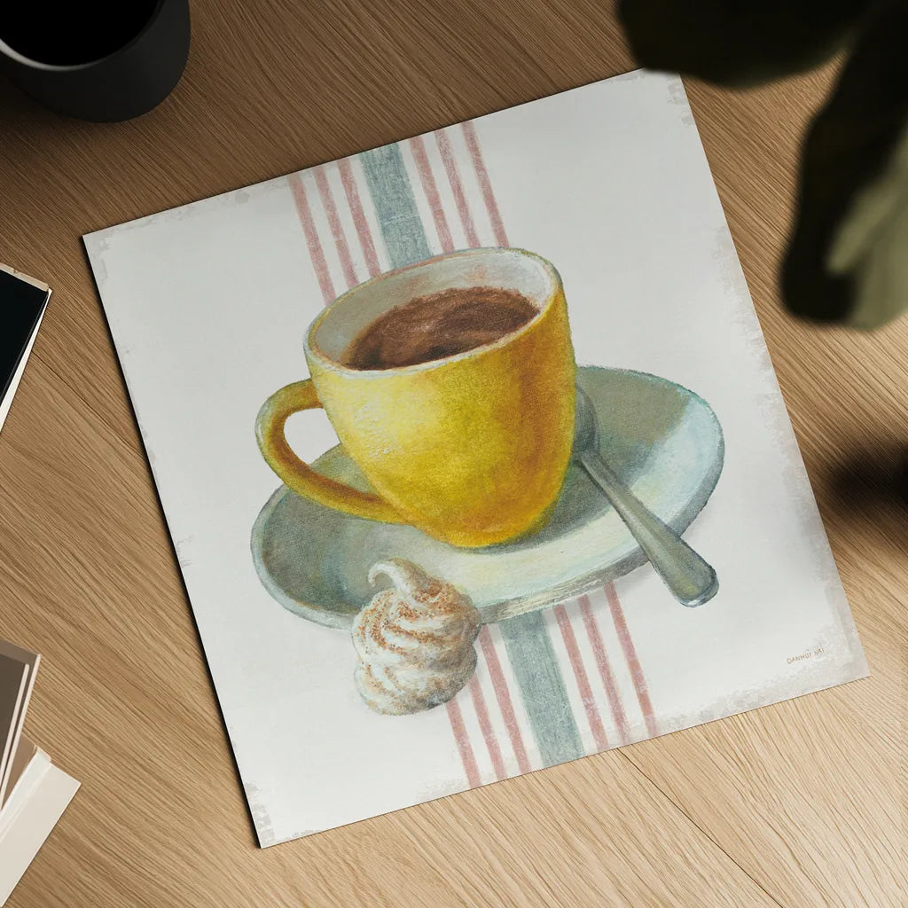 Wake Me Up Coffee IV with Stripes by Danhui Nai. Shown as a detailed flat fine art print, highlighting archival giclee quality. Available as an archival giclee rolled canvas, fine art paper, or poster print. SKU 58858a.