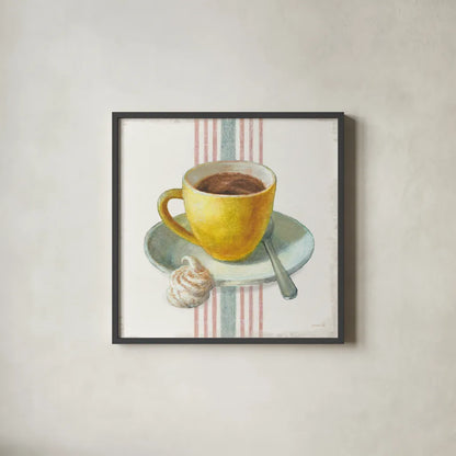 Wake Me Up Coffee IV with Stripes by Danhui Nai. Shown in a sleek black glass frame for a contemporary gallery look. Available as an archival giclee rolled canvas, fine art paper, or poster print. SKU 58858a.