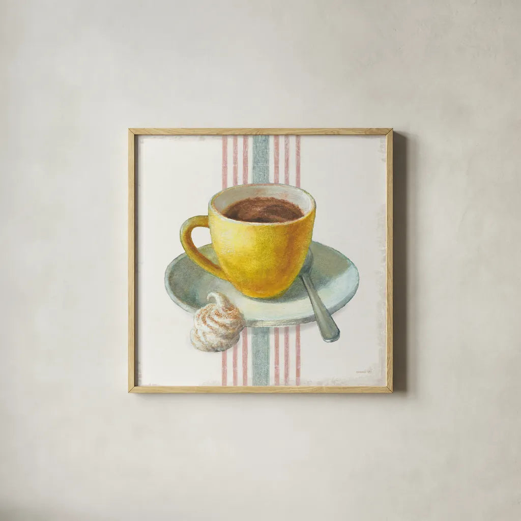 Wake Me Up Coffee IV with Stripes by Danhui Nai. Shown in a natural wood glass frame for a timeless modern aesthetic. Available as an archival giclee rolled canvas, fine art paper, or poster print. SKU 58858a.