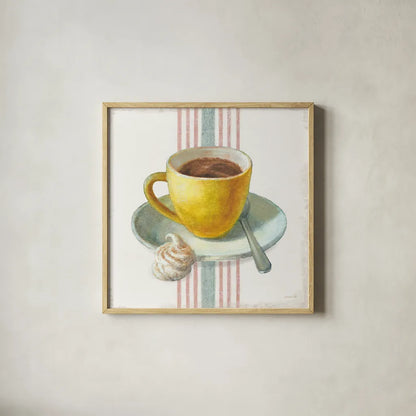 Wake Me Up Coffee IV with Stripes by Danhui Nai. Shown in a natural wood glass frame for a timeless modern aesthetic. Available as an archival giclee rolled canvas, fine art paper, or poster print. SKU 58858a.