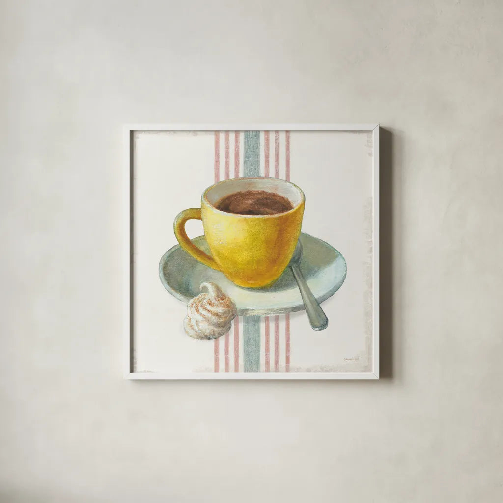 Wake Me Up Coffee IV with Stripes by Danhui Nai. Shown in a crisp white glass frame for a clean and minimalist style. Available as an archival giclee rolled canvas, fine art paper, or poster print. SKU 58858a.