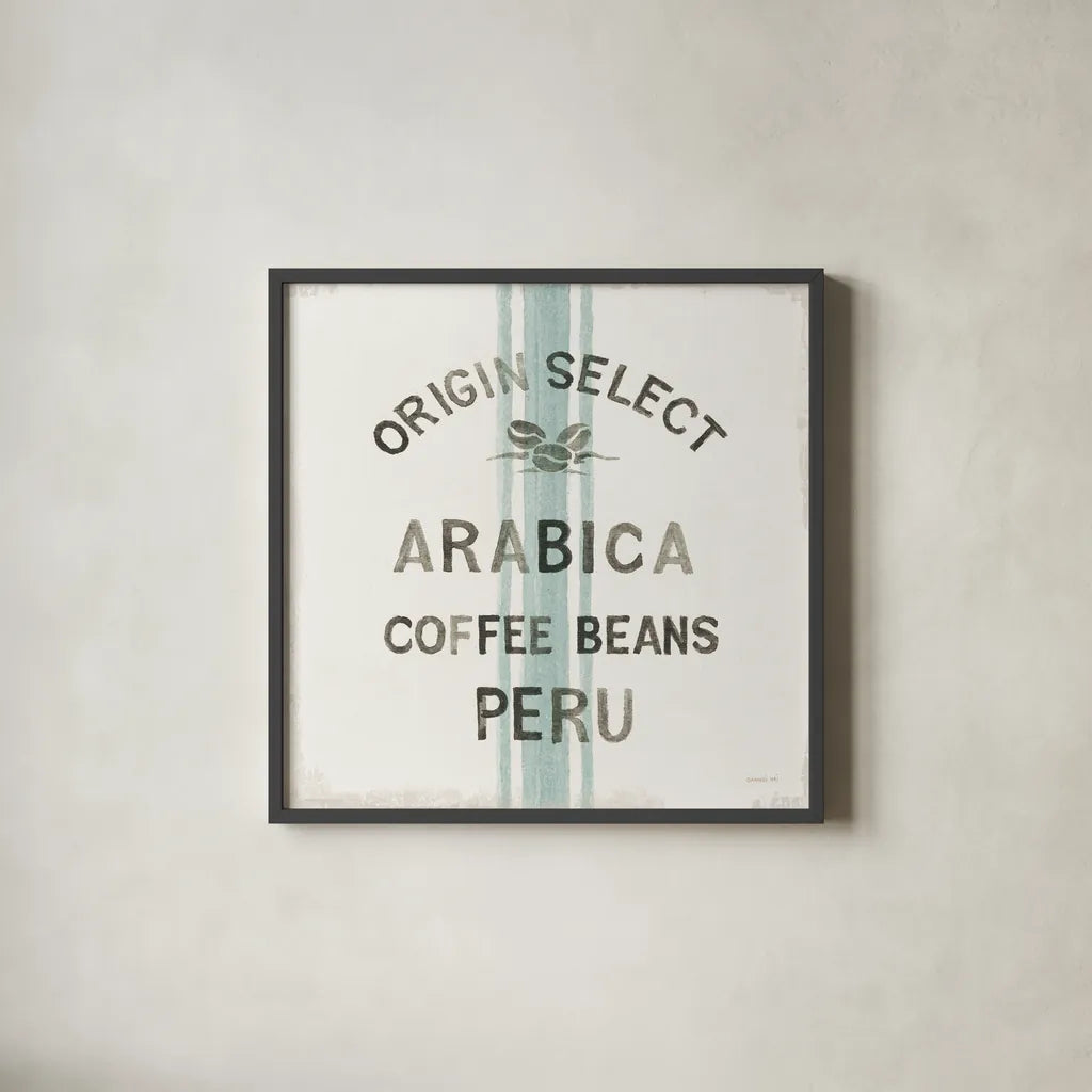 Wake Me Up Coffee Sack I by Danhui Nai. Shown in a sleek black glass frame for a contemporary gallery look. Available as an archival giclee rolled canvas, fine art paper, or poster print. SKU 58859a.