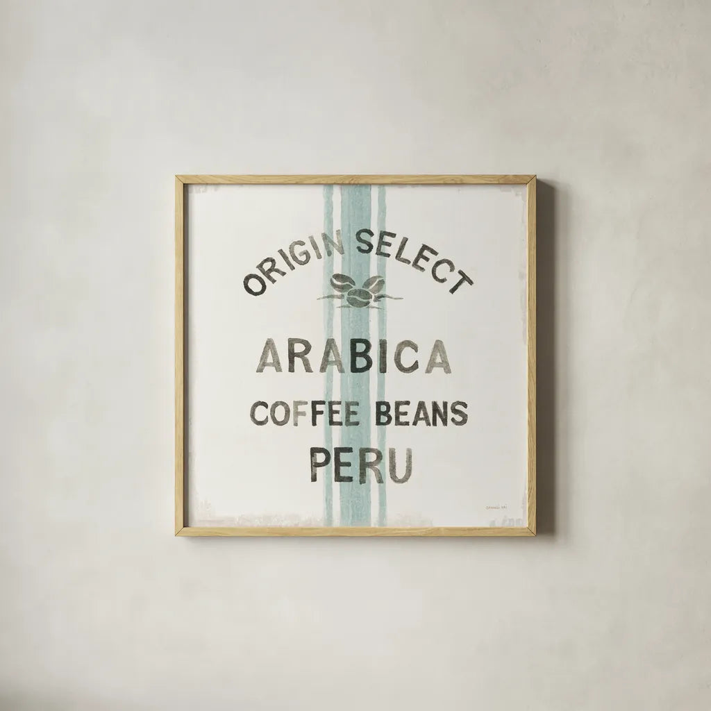 Wake Me Up Coffee Sack I by Danhui Nai. Shown in a natural wood glass frame for a timeless modern aesthetic. Available as an archival giclee rolled canvas, fine art paper, or poster print. SKU 58859a.